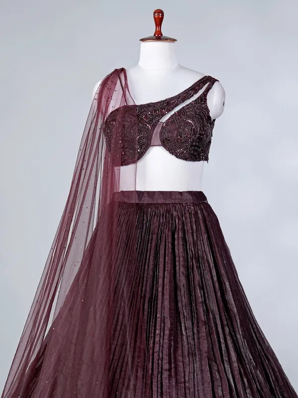 Wine chiffon lehenga choli with sequins detailing