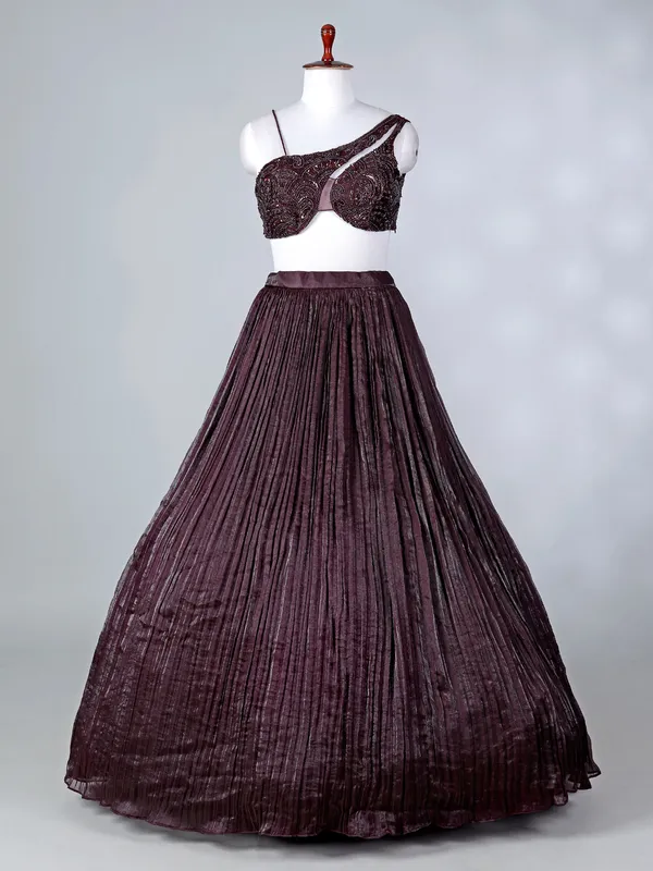 Wine chiffon lehenga choli with sequins detailing
