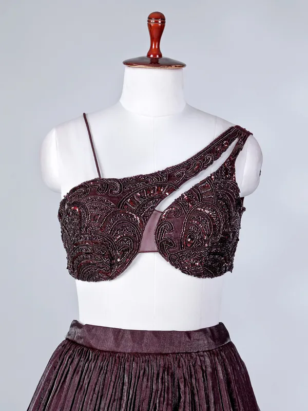 Wine chiffon lehenga choli with sequins detailing