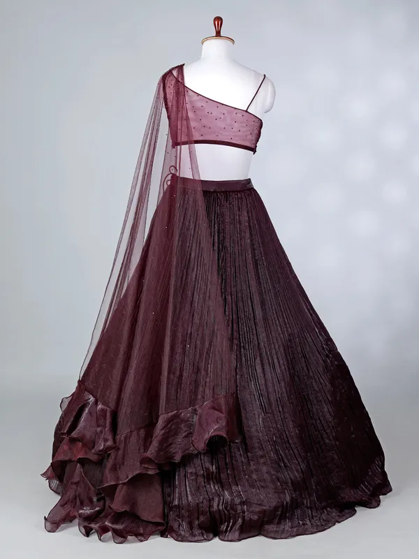 Wine chiffon lehenga choli with sequins detailing