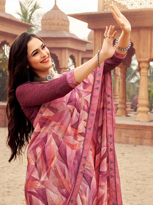 Wine chiffon printed saree