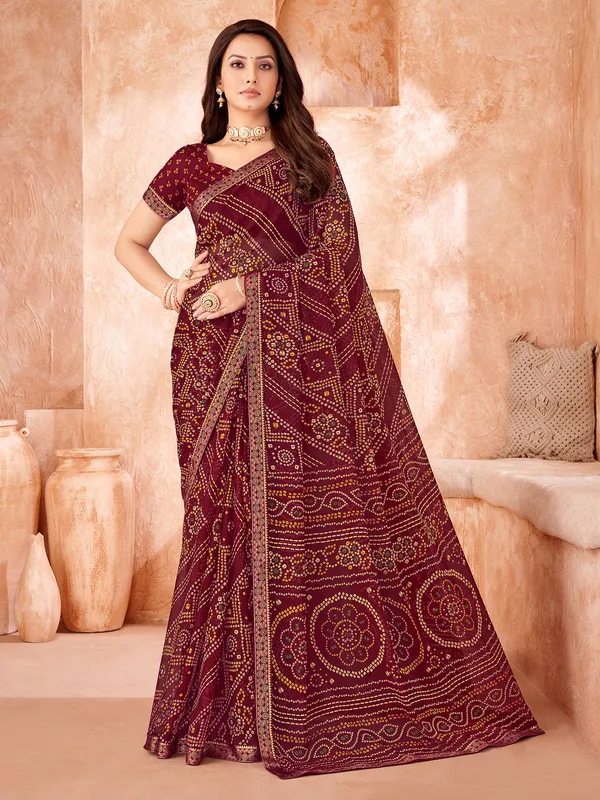 Wine chiffon saree with bandhani print