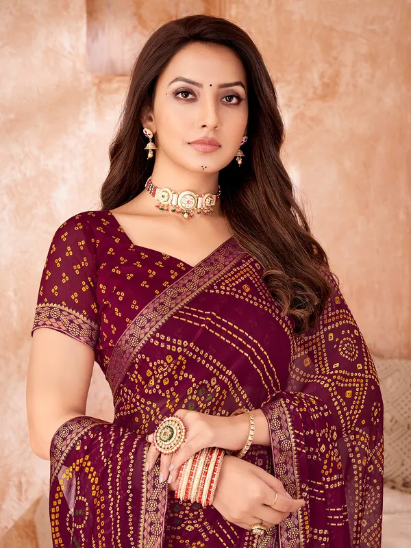 Wine chiffon saree with bandhani print