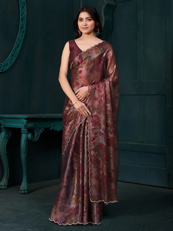 Wine chiffon saree with unstitched blouse