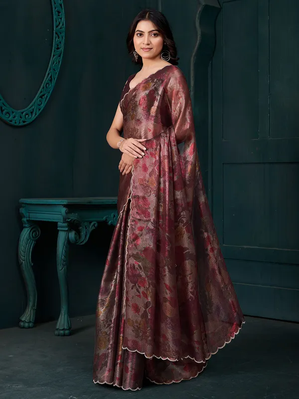 Wine chiffon saree with unstitched blouse