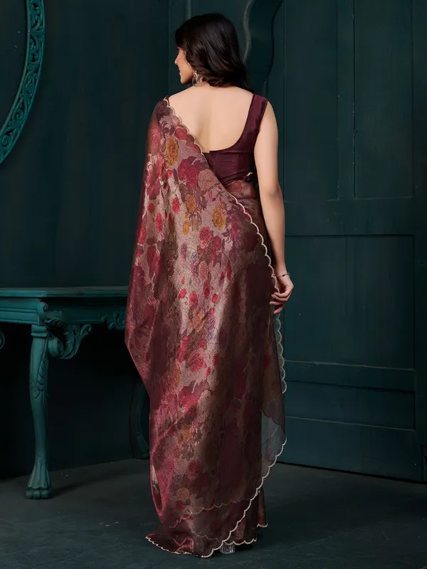 Wine chiffon saree with unstitched blouse