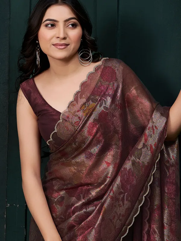 Wine chiffon saree with unstitched blouse