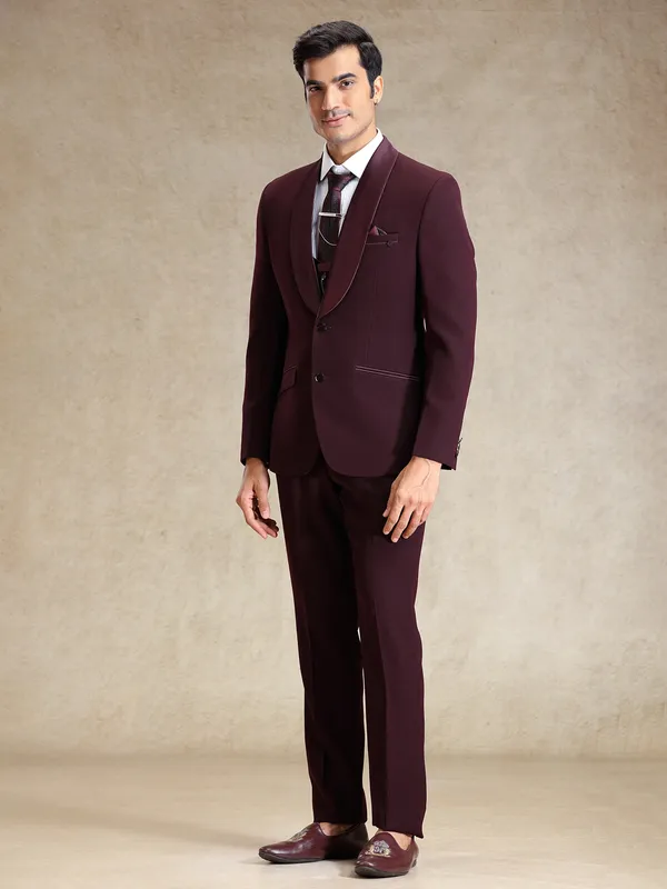 Wine classy polyster coat suit for reception wear