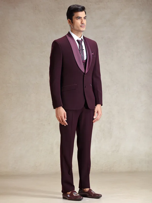 Wine classy polyster coat suit for reception wear