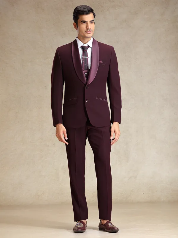Wine classy polyster coat suit for reception wear