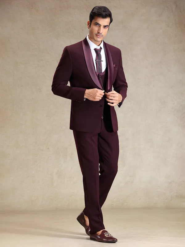 Wine classy polyster coat suit for reception wear