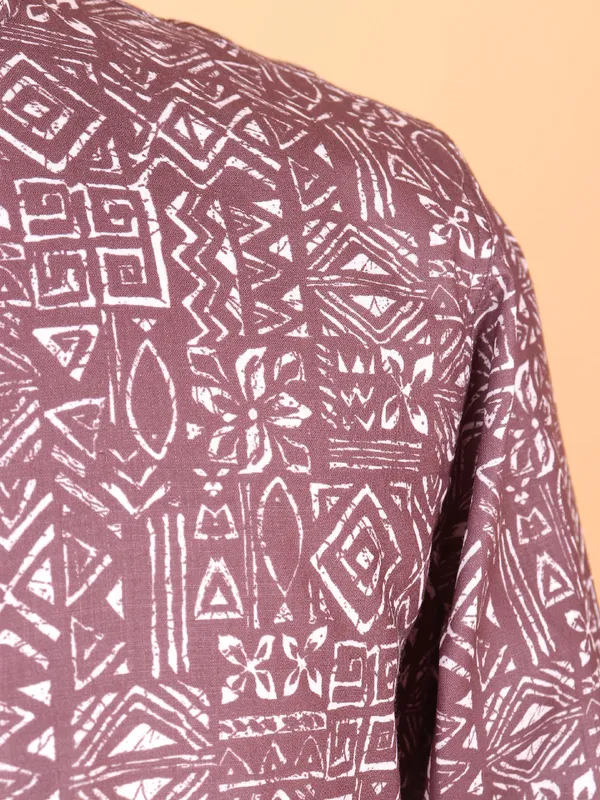 Wine cotton kurta suit with print