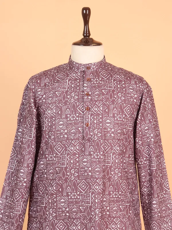 Wine cotton kurta suit with print
