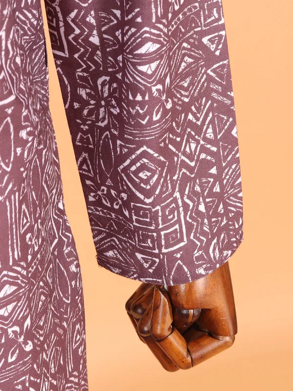 Wine cotton kurta suit with print