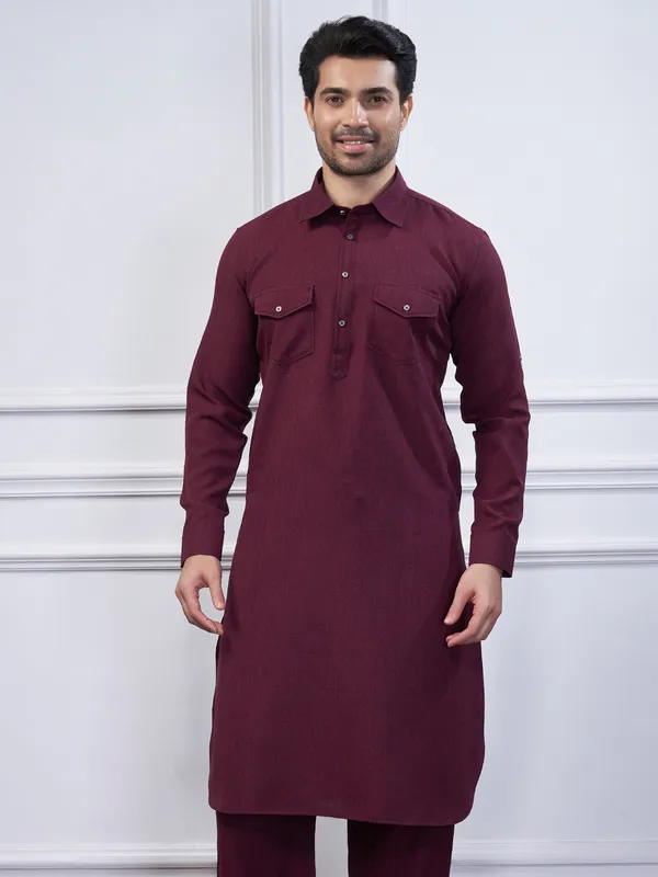 Wine cotton plain pathani kurta set