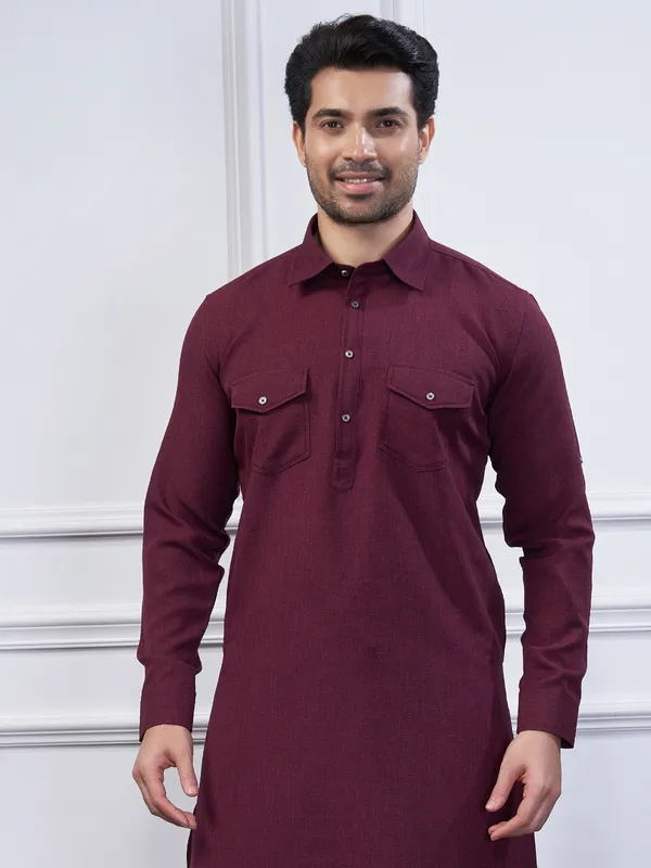 Wine cotton plain pathani kurta set