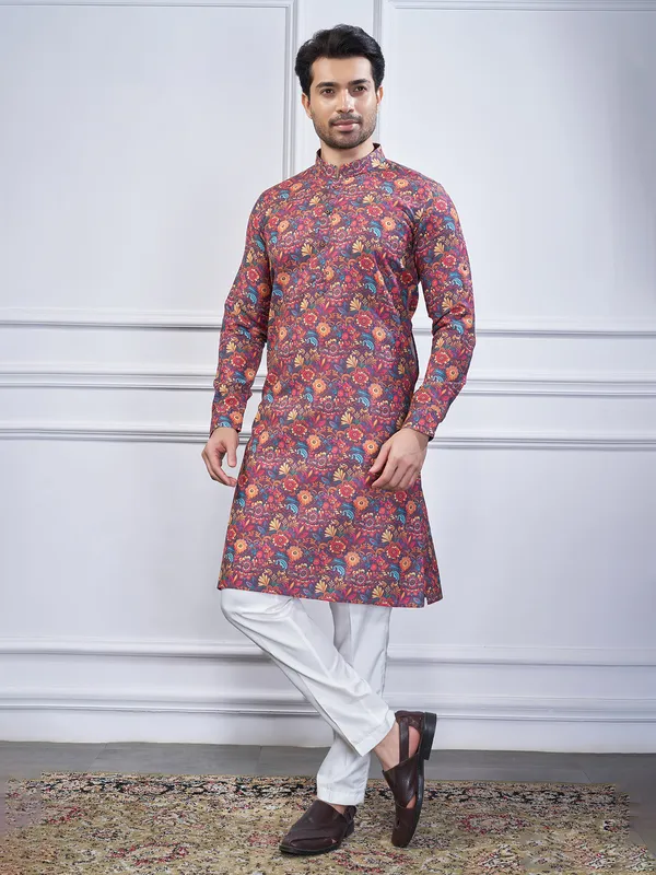 Wine cotton printed kurta suit for festive wear