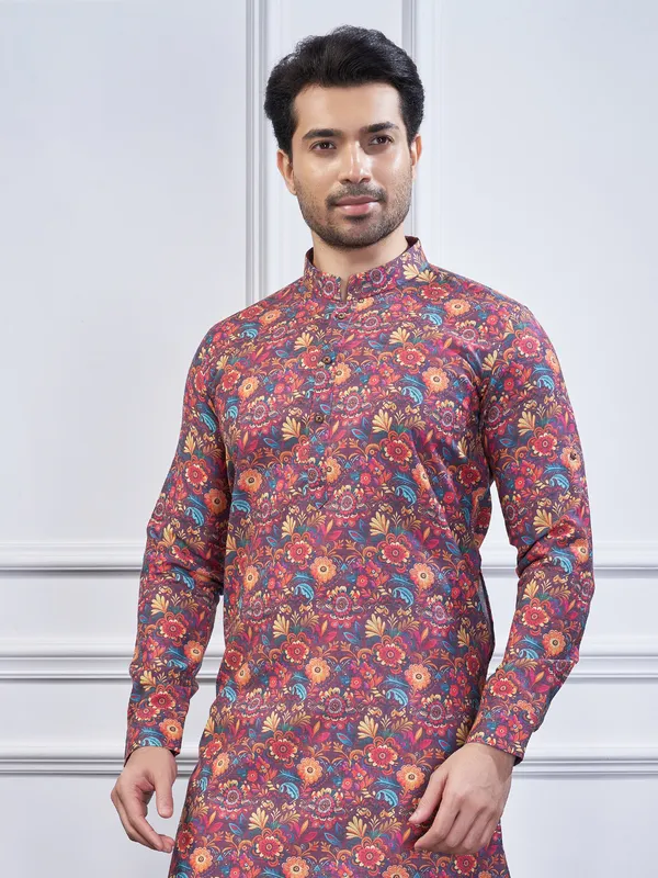 Wine cotton printed kurta suit for festive wear