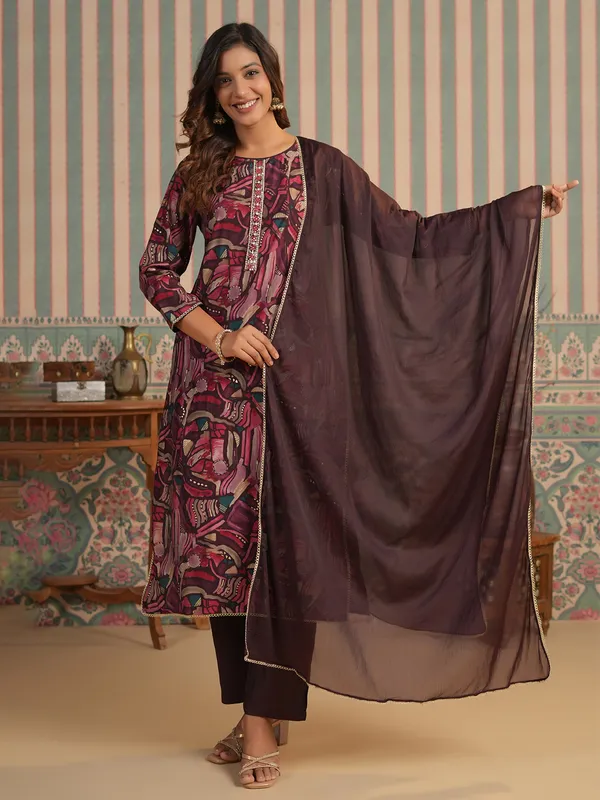 Wine cotton printed kurti set with dupatta