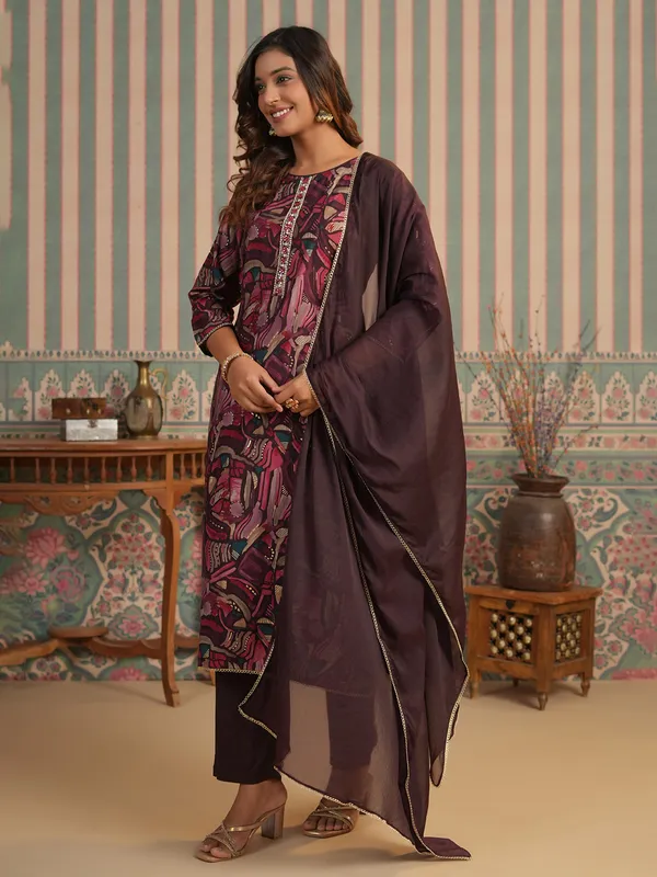 Wine cotton printed kurti set with dupatta