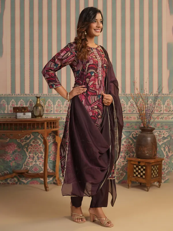 Wine cotton printed kurti set with dupatta