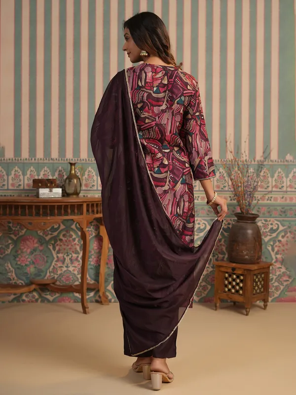 Wine cotton printed kurti set with dupatta