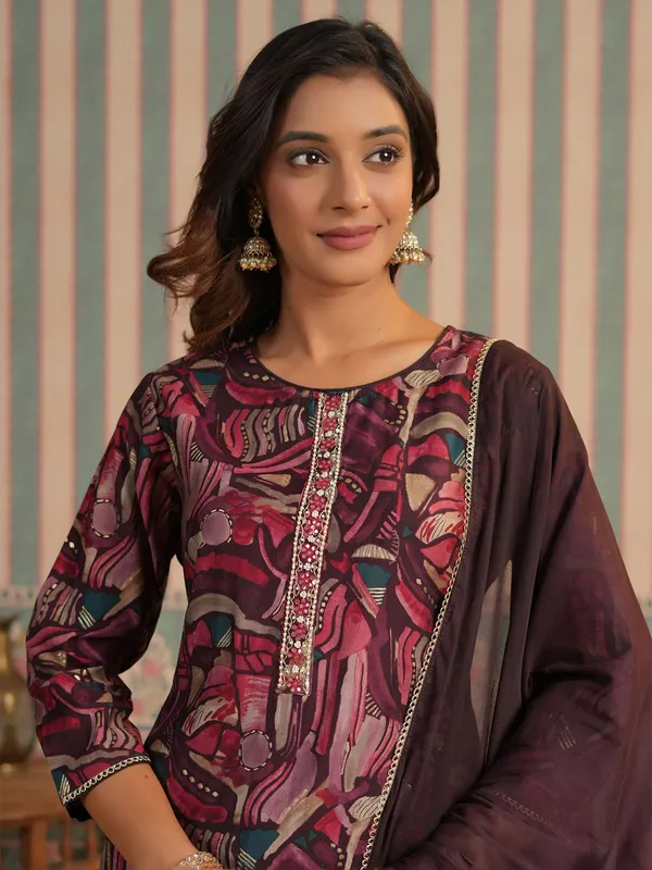 Wine cotton printed kurti set with dupatta