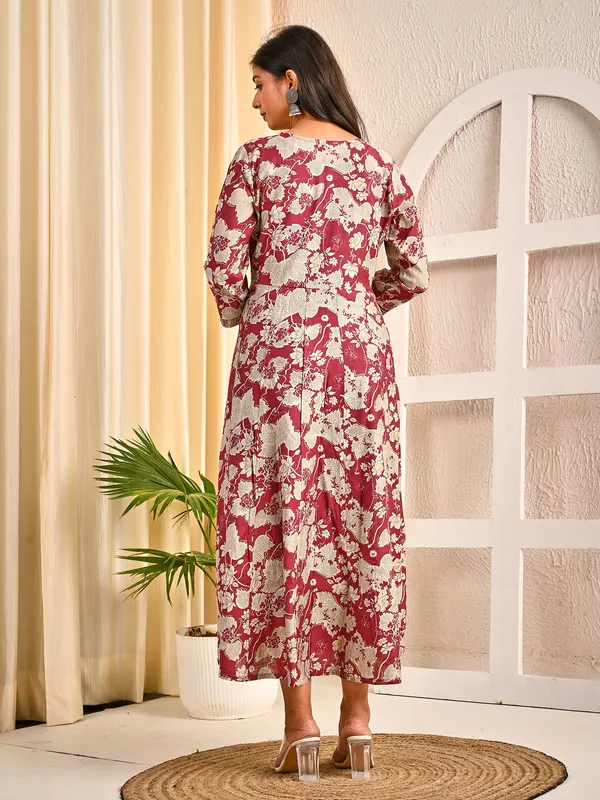 Wine cotton silk floral printed yoke embroidered kurti