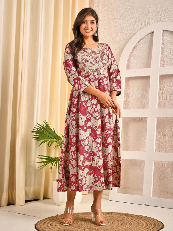 Wine cotton silk floral printed yoke embroidered kurti