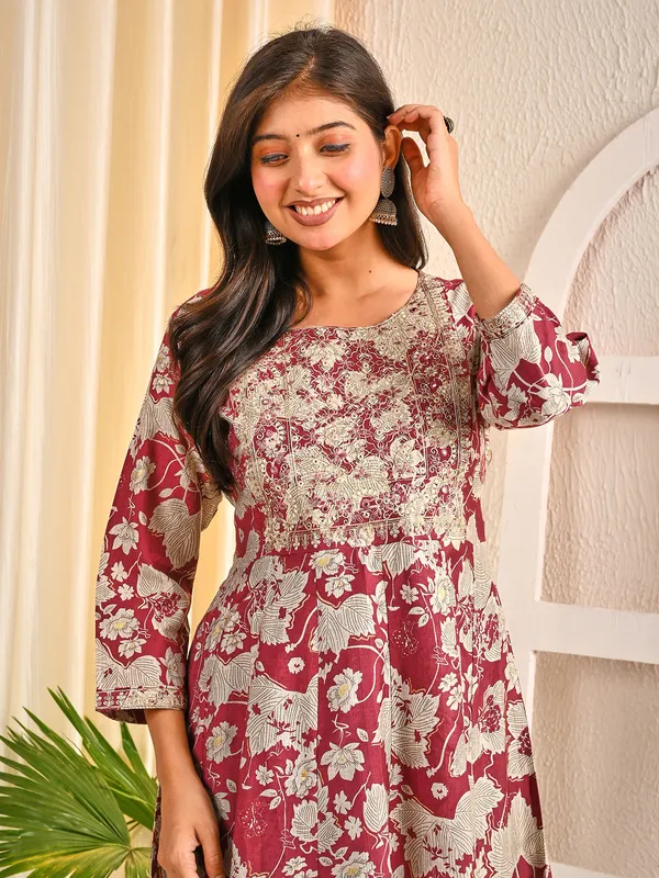 Wine cotton silk floral printed yoke embroidered kurti