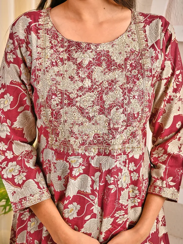 Wine cotton silk floral printed yoke embroidered kurti