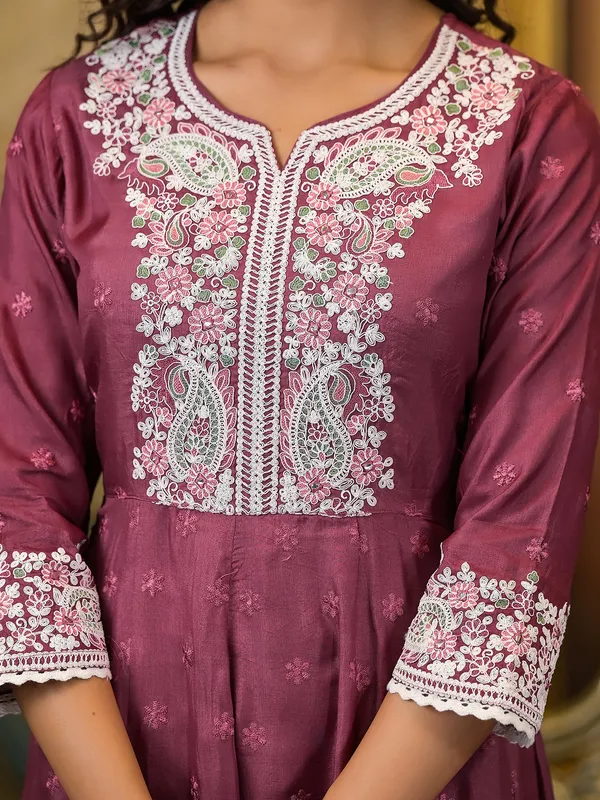 Wine cotton silk kurti set for festive