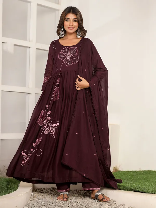 Wine cotton silk kurti set with includes dupatta