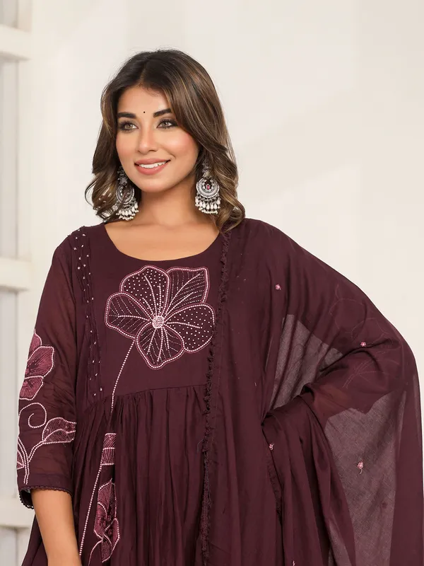 Wine cotton silk kurti set with includes dupatta