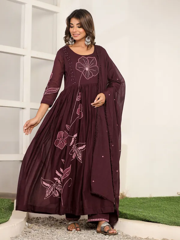 Wine cotton silk kurti set with includes dupatta