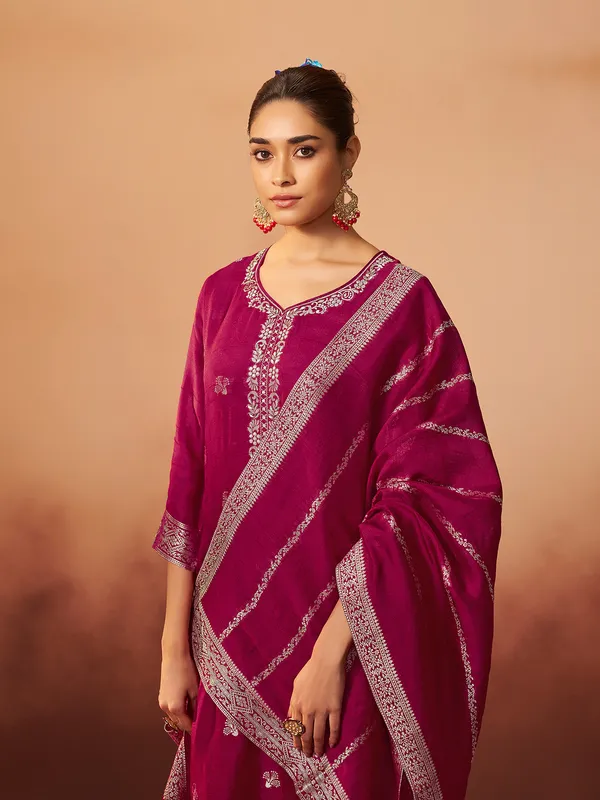 Wine cotton silk kurti set with zari work