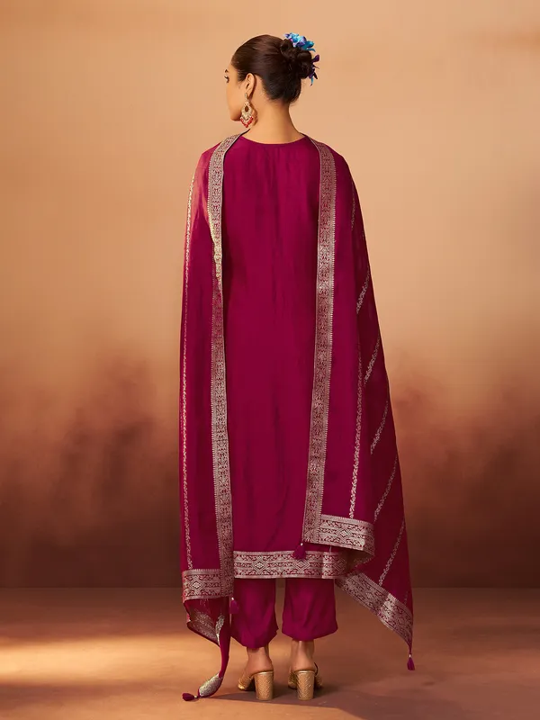 Wine cotton silk kurti set with zari work