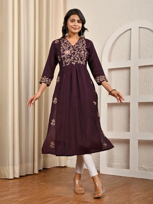 Wine cotton silk thread and sequins yoke kurti