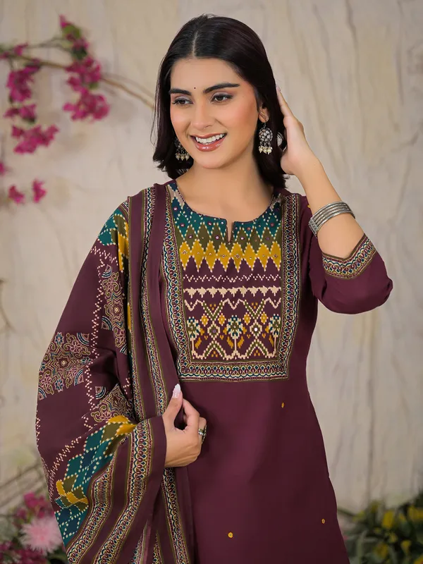 Wine cotton silk yoke style kurti set