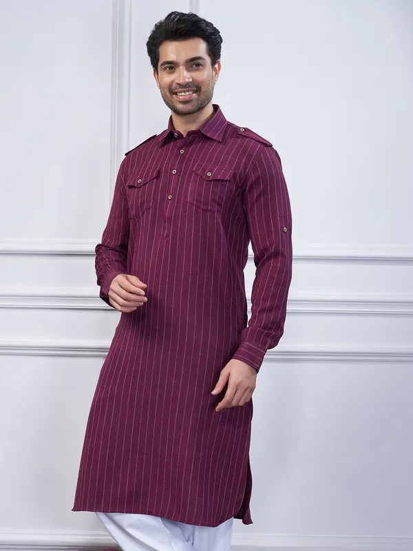 Wine cotton stripe mens pathani kurta set