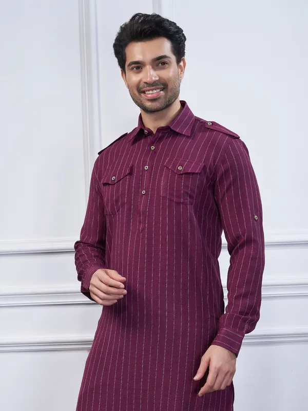 Wine cotton stripe mens pathani kurta set
