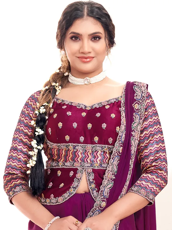 Wine crepe saree with zardosi and thread detailing