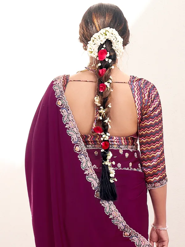 Wine crepe saree with zardosi and thread detailing