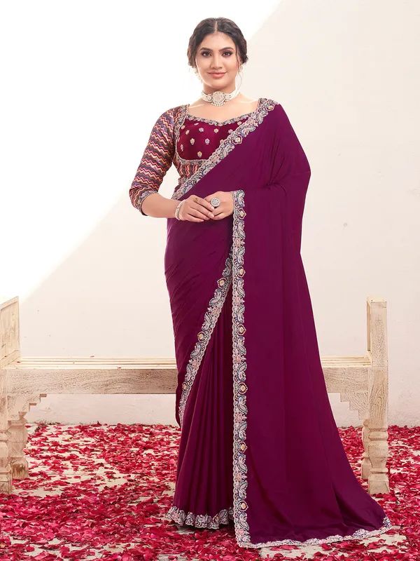 Wine crepe saree with zardosi and thread detailing