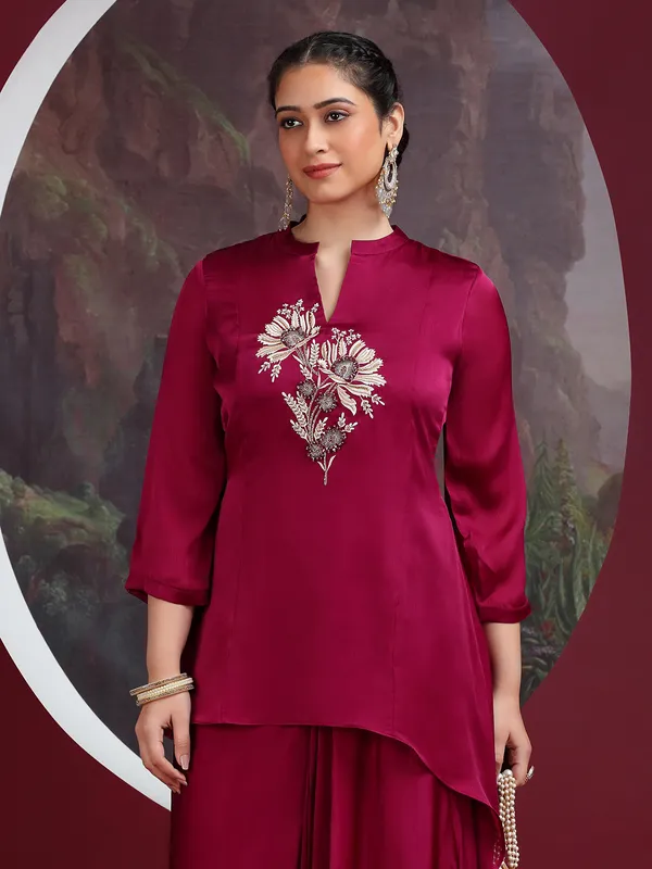 Wine crepe silk indowestern suit with elegant work