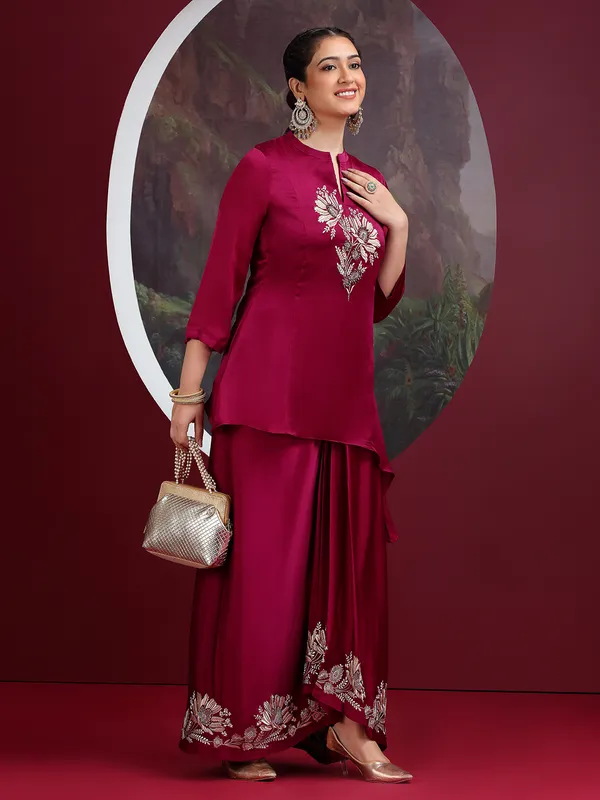 Wine crepe silk indowestern suit with elegant work