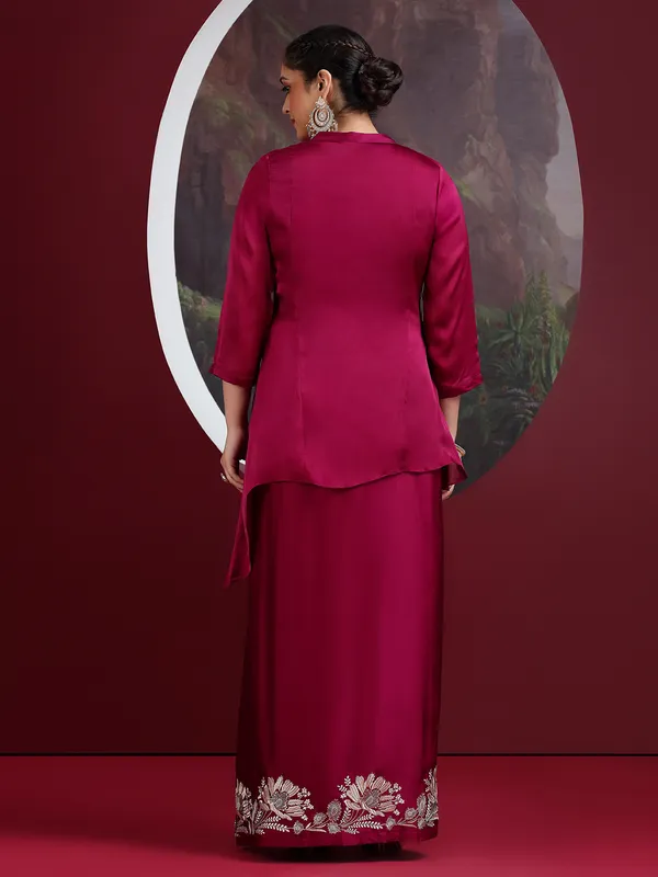 Wine crepe silk indowestern suit with elegant work