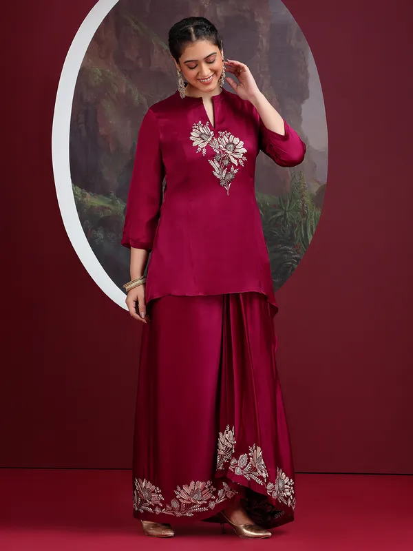 Wine crepe silk indowestern suit with elegant work