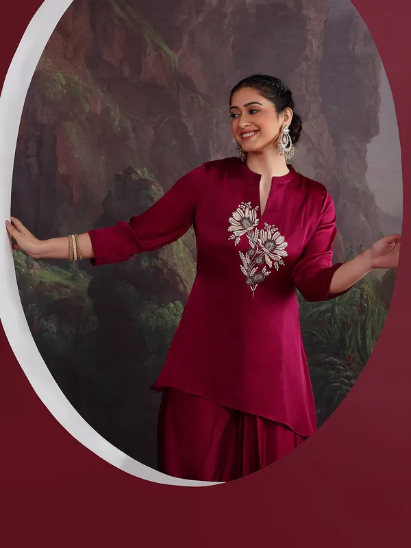 Wine crepe silk indowestern suit with elegant work