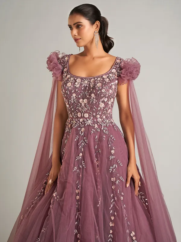 Wine designer gown in net